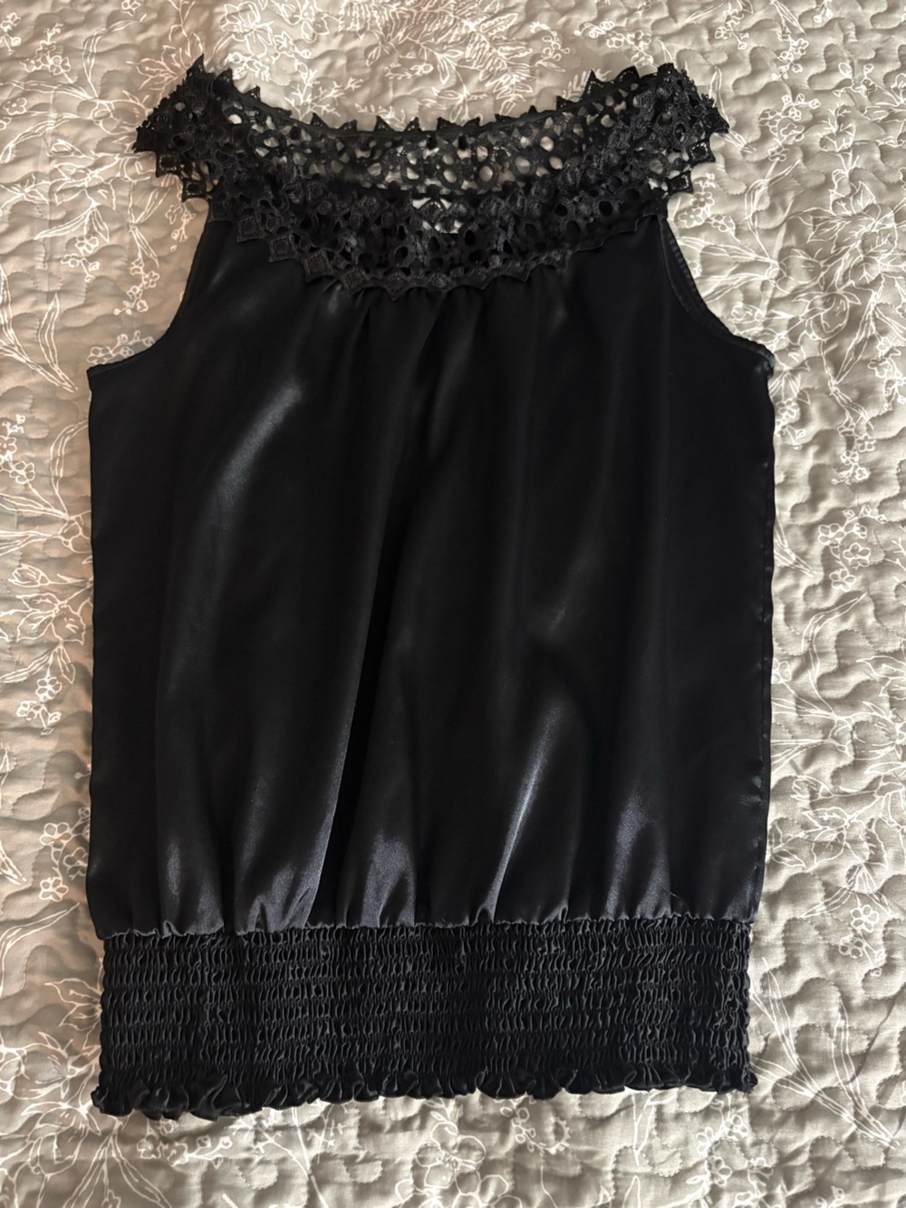 Suzy Shier Black Satin Camisole with Crochet Yoke